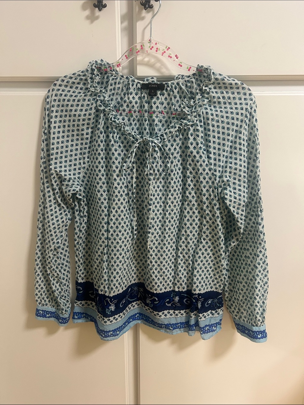 J. Crew White and Navy Printed Ruffle Boho Peasant Blouse